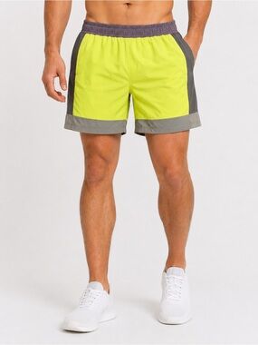 Lululemon Take The Moment Swim Short Robert Geller Sz S Neon Yellow Grey EUC